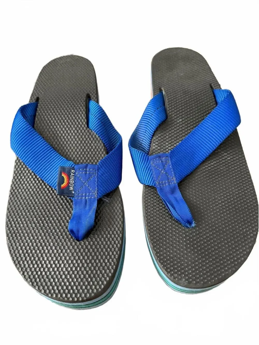 Rainbow Flip Flops Blue Strap Platform Sandals Women’s Black Multicolor Size 8